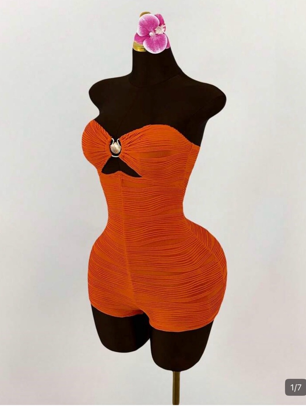 Orange Strapless Ruched Mini Romper